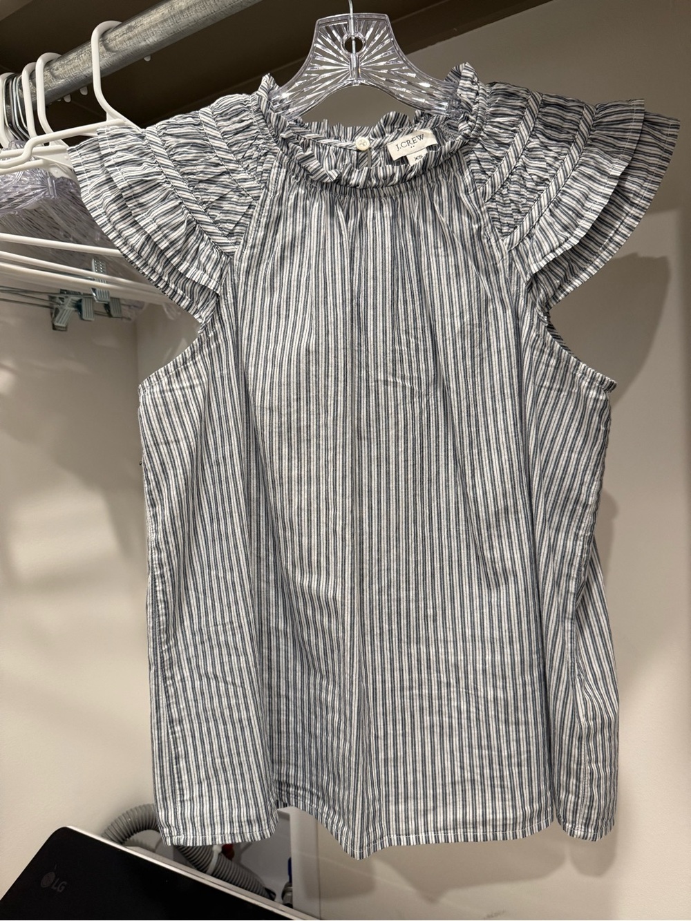 J. Crew Blue Stripe Ruffle Sleeve Top